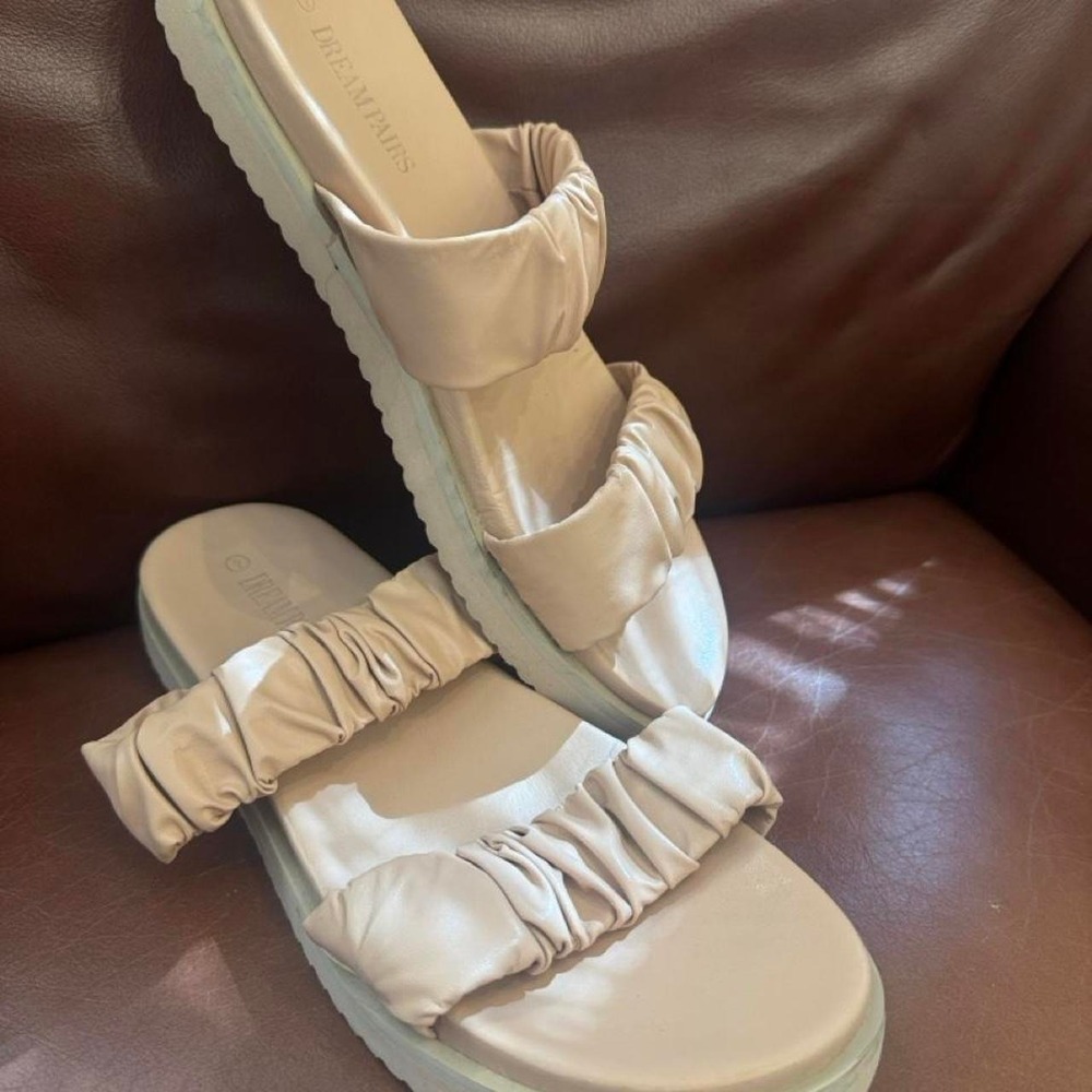 Dream Pairs Womens Ruched Double Strap Slide Sandals Beige Platform Slip On 9